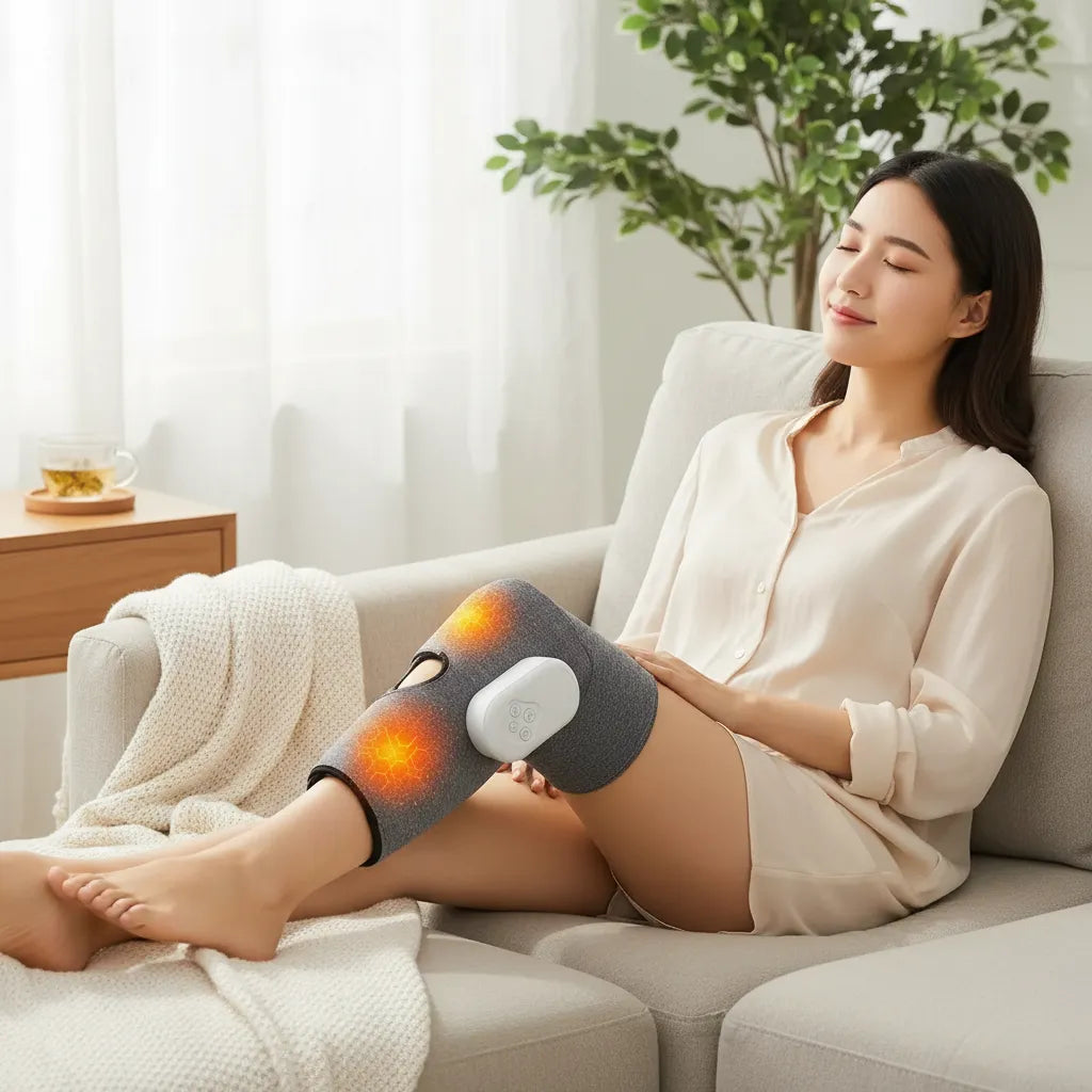 Masajeador de rodilla con calor y presión de aire puesto en la rodilla