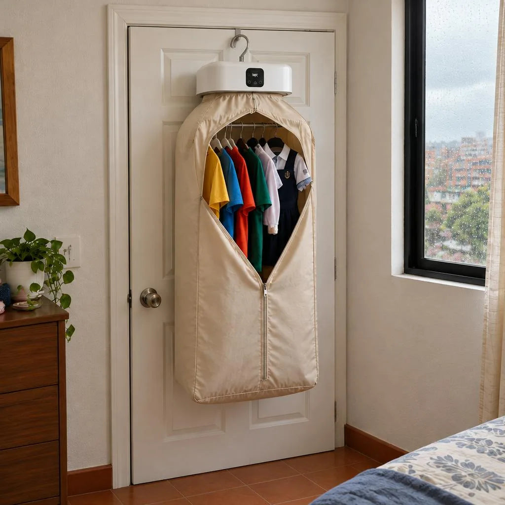 Secadora de ropa portátil colgada en casa con ropa adentro