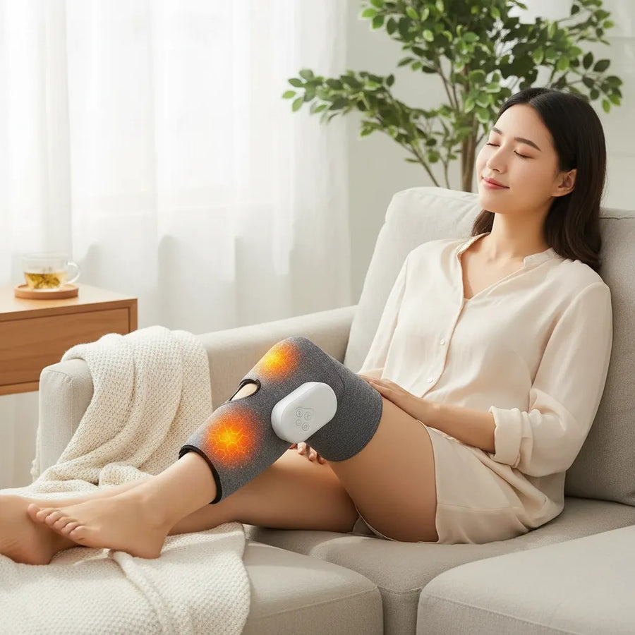 Masajeador de rodilla con calor y presión de aire puesto en la rodilla