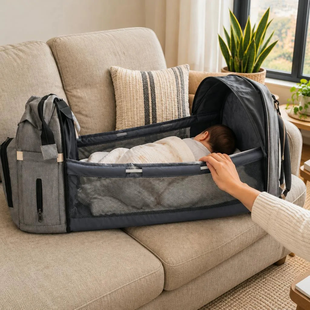 Pañalera morral con la cuna abierta y un bebé descansando