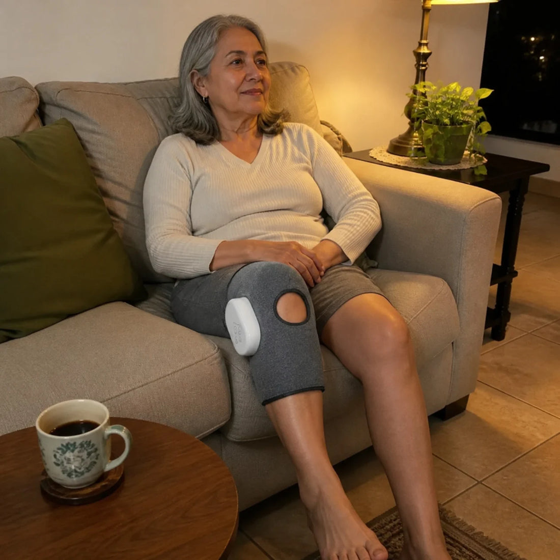 Persona descansando en el sofá con el masajeador de rodilla puesto